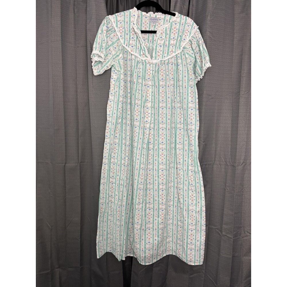 Lanz Of Salzburg Nightgown Womens S Green Floral Stripe Cottage Prairie Classic